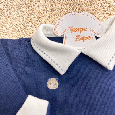 Macacão Tricotil (Tricot 100% Algodão) com Gola e Bordado - Azul Marinho Safari
